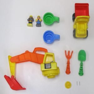 Hardware Pack: Sifter/Water Cups (I-2). Shovel (H). Rake (G). Truck (F). Digger (C). Characters (J-2). Retaining Cap (D) and Screw (E-2)