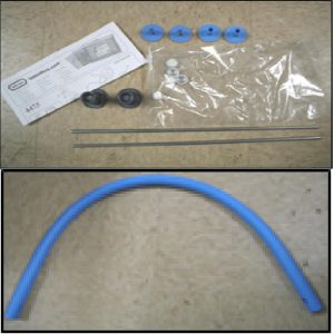 Handle. 2 inside & 2 outside handle fasteners. small capnut tool. 2 axles 1/4 in.  x 13 3/4 in.. instructions. and 5 white capnuts 1/4 in