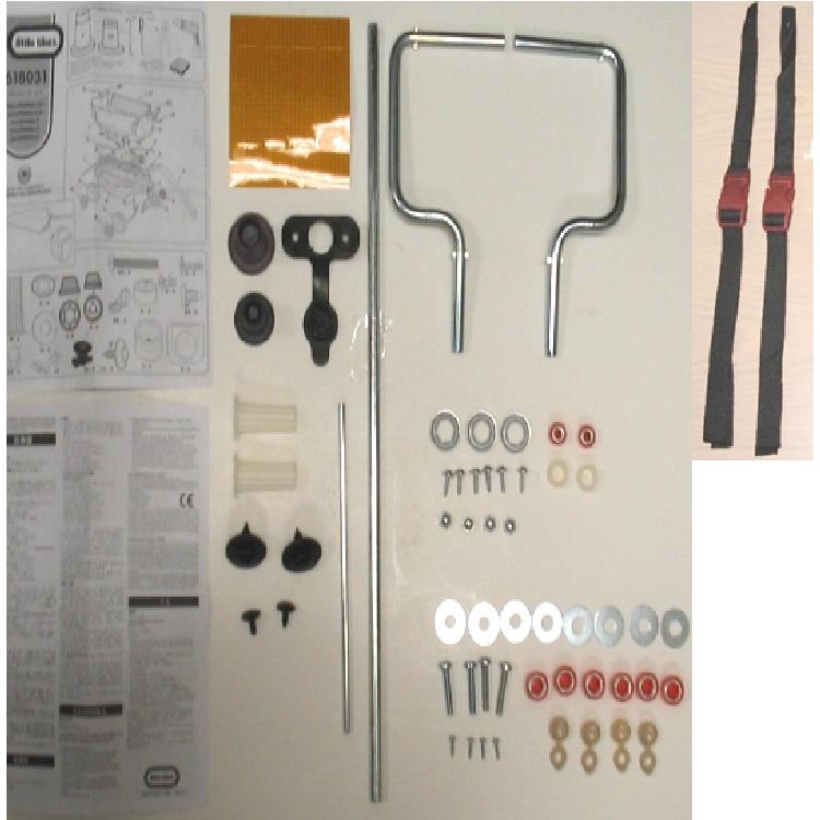 Hardware Pack: Cooler Fasteners. Umbrella Holder. Umbrella Fasteners. Small Cap Nut Tool. Medium Cap Nut Tool. Handle Axle. Rear Axle. Left & Right Wireform. Decals. Instructions. Seat Belt. Acorn Nut. Small Axle Caps. Large Retaining Washers. Screws. Bus