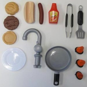 Hardware Pack: Faucet Assembly. Clicker Knob (J-2). Clicker Button (K). Hamburger Patty. Hamburger Bun Top and Bottom. Hot Dog. Hot Dog Bun. Spatula. Tongs. Ketchup Bottle. Plate