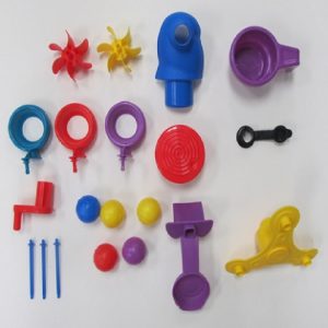 Hardware Pack: Drain Plug(P). Fill Cup (N). Water Wheel(H). Ferris Wheel Support (K). Ferris Wheel Crank (L). Ferris Wheel Cups (J). Whale Ball. Crab Ball. Turtle Ball. Star Fish Ball. Jelly Fish Ball.Tower Connector Rods (F). Tower Spinner (G). Ball Flip