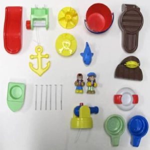Hardware Pack: Figures. Plank (C). Bucket (D). Water Spinner (E) & (Q). Anchor (G). Small Cups (K). Cannon Assembly(L) & (M). Slide (P). Steering Wheel Deck Assembly (R) & (S). Screws (T) Colors may vary