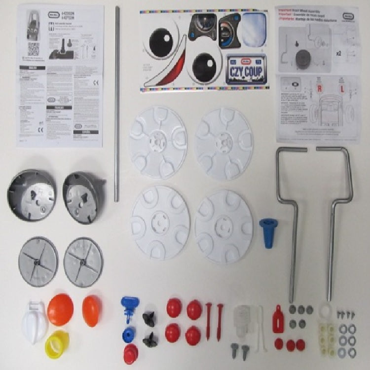 Hardware Pack Complete: Gas Cap Lid. Screw NO. 8 (4). Bushing Wire Form (6). Washer (6). Steering Wheel O-Ring. Hubcap White (4). Tophat Tool. Wireform Left/Right. Steering Wheel Retaining Clip. Fastener Sliver (2)