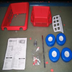 Hardware Pack: Small Capnut Tool (K). Basket Top (A). Basket Bottom (B). Seat Basket (F). Axle (G). Blue Wheel Front (I). Wheel Back (M). 1 inch Screw (E). Bolt Cover White (L). 3/4 inch Screw (C). 1/4 inch Capnut (H). 1/4 inch Washer (J) and Instructions
