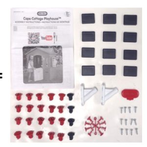Hardware Pack: Red Fasteners. Spacer (M). Screws H (4). Screws G (24). Screw J (8). Roof Locks (F). Tool (K). Runner Dark Red.