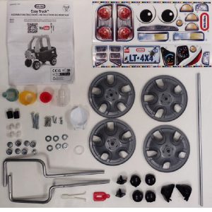 Hardware Pack: All Screws. Washer. Gas Cap Lid. Center Cap. Latch Red. Rear Axle Bushing.3/8 Top Hat. Top Hat Tool. Front Bushings. Rear Axle. Right/Left Wireform .Horn Assembly. O-Ring. Retaining clip. R/L Top Hat Coner. Decal Sheet